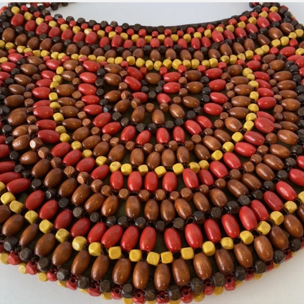 Wooden Bead Purse Satchel Hobo Bag Boho Hippie Bright Colors Red Brown Yellow - Picture 3 of 9